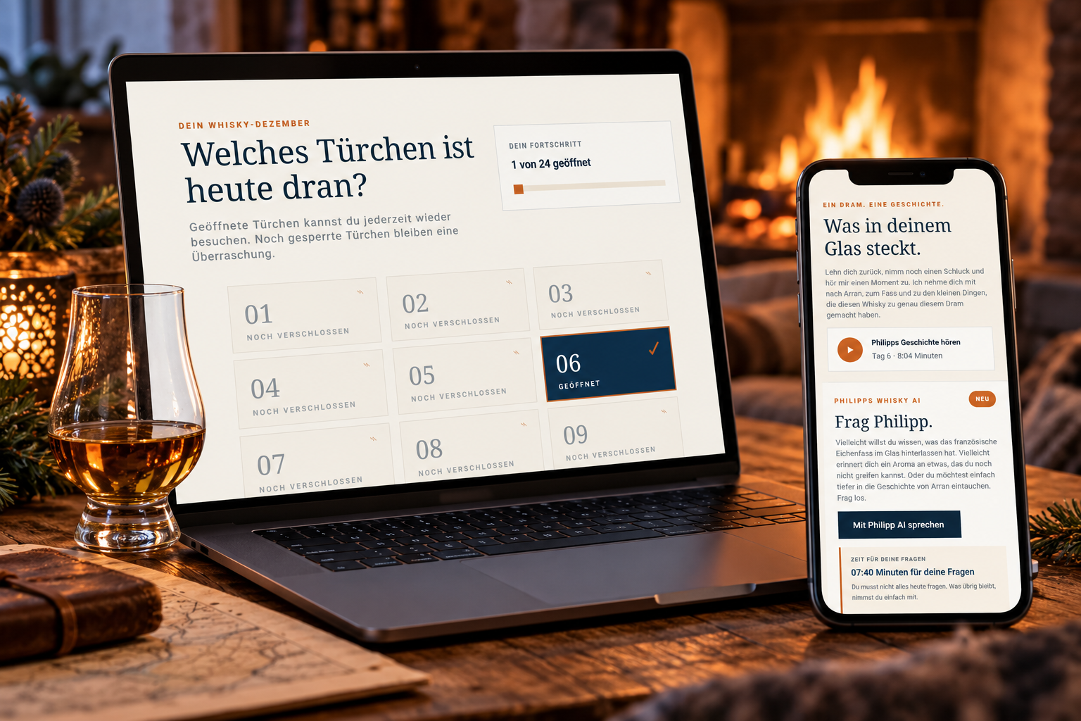 KI-generiertes Beispielbild der digitalen Begleitung des Whisky84Grad Adventskalenders