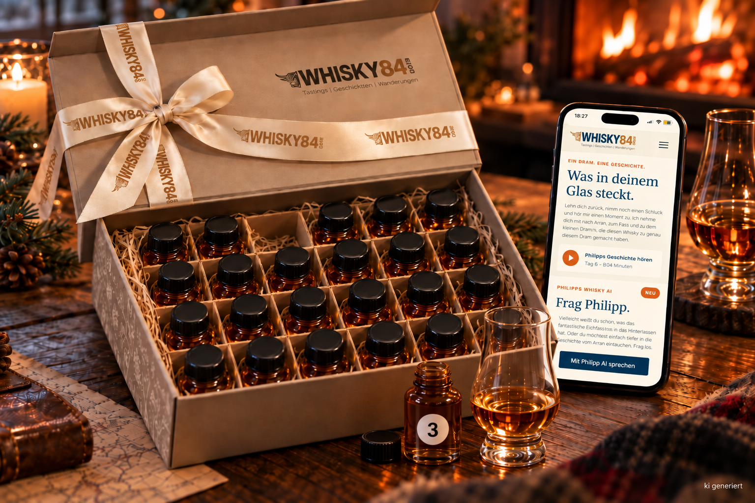 KI-generiertes Bild des Whisky84Grad Adventssets am Kamin